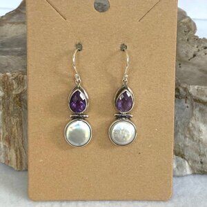 Sterling Silver 925 Pear Shaped Amethyst Hinged White Coin Pearl Dangle Earrings